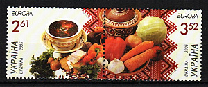 Украина _, 2005, Европа, Гастрономия, Борщ, Овощи, 2 марки сцепка Украина _, 2005, Европа, Гастрономия, Борщ, Овощи, 2 марки сцепка